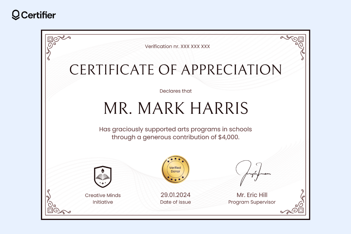 A certificate of appreciation with a white background, black decorative corners, and elegant fonts, suitable as a downloadable donation certificate template. A certificate of appreciation with a white background, black decorative corners, and elegant fonts, suitable as a downloadable donation certificate template.