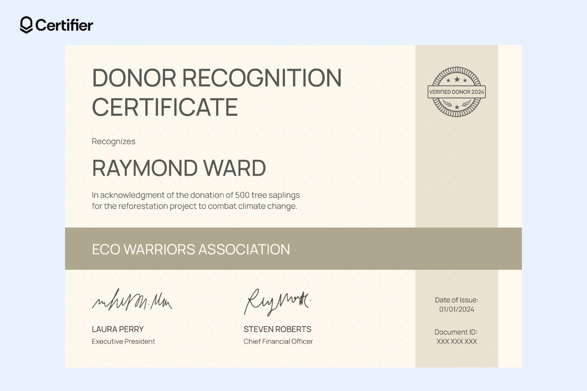 A donor recognition certificate with a beige background and light brown accents, featuring a verified donor badge and plenty of space for details, ideal for creating an in honor of donation certificate template. A donor recognition certificate with a beige background and light brown accents, featuring a verified donor badge and plenty of space for details, ideal for creating an in honor of donation certificate template.