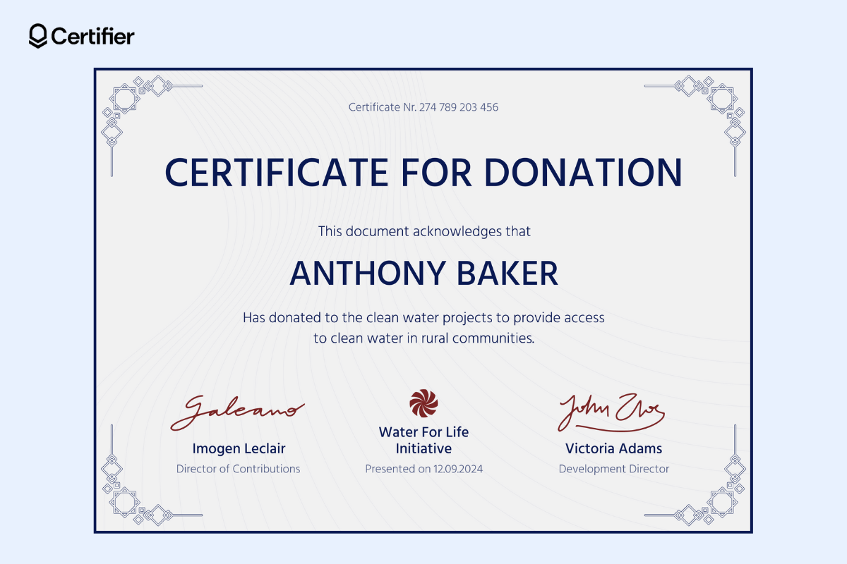 An editable donation certificate template with blue accents, free to download and edit, perfect for creating a modern thank you for your donation certificate template or an event sponsorship template. An editable donation certificate template with blue accents, free to download and edit, perfect for creating a modern thank you for your donation certificate template or an event sponsorship template.