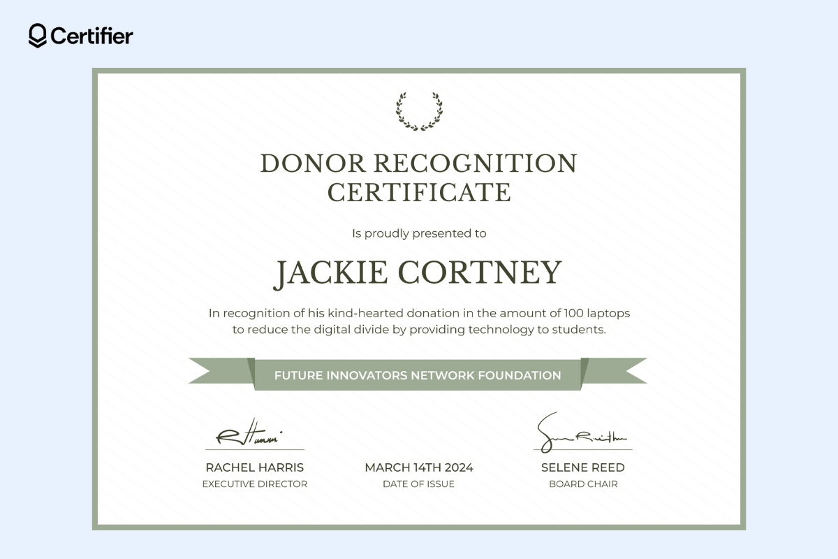A donor recognition certificate with a white background and green accents, featuring a laurel wreath and clean layout, perfect as a donation certificate template word. A donor recognition certificate with a white background and green accents, featuring a laurel wreath and clean layout, perfect as a donation certificate template word.
