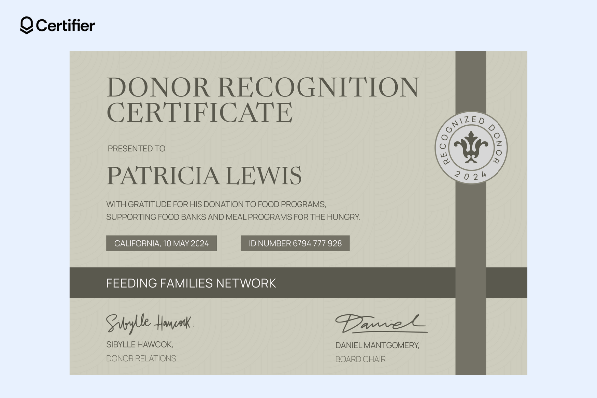 A donor recognition certificate with a modern gray design, simple borders, and space for donor details, suitable as a free donation certificate template. A donor recognition certificate with a modern gray design, simple borders, and space for donor details, suitable as a free donation certificate template.