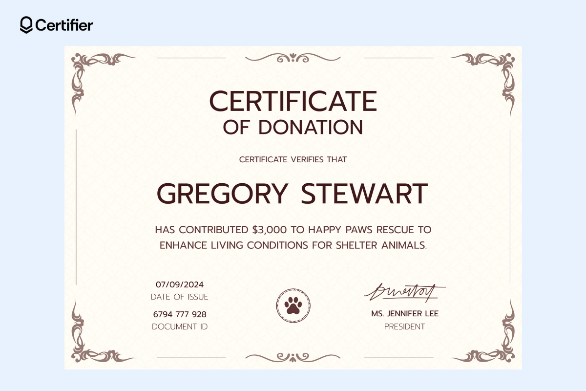 A beige donation certificate template with ornate brown borders, editable and free to download, suitable for creating luxury certificates or commemorative certificates with a classic design. A beige donation certificate template with ornate brown borders, editable and free to download, suitable for creating luxury certificates or commemorative certificates with a classic design.