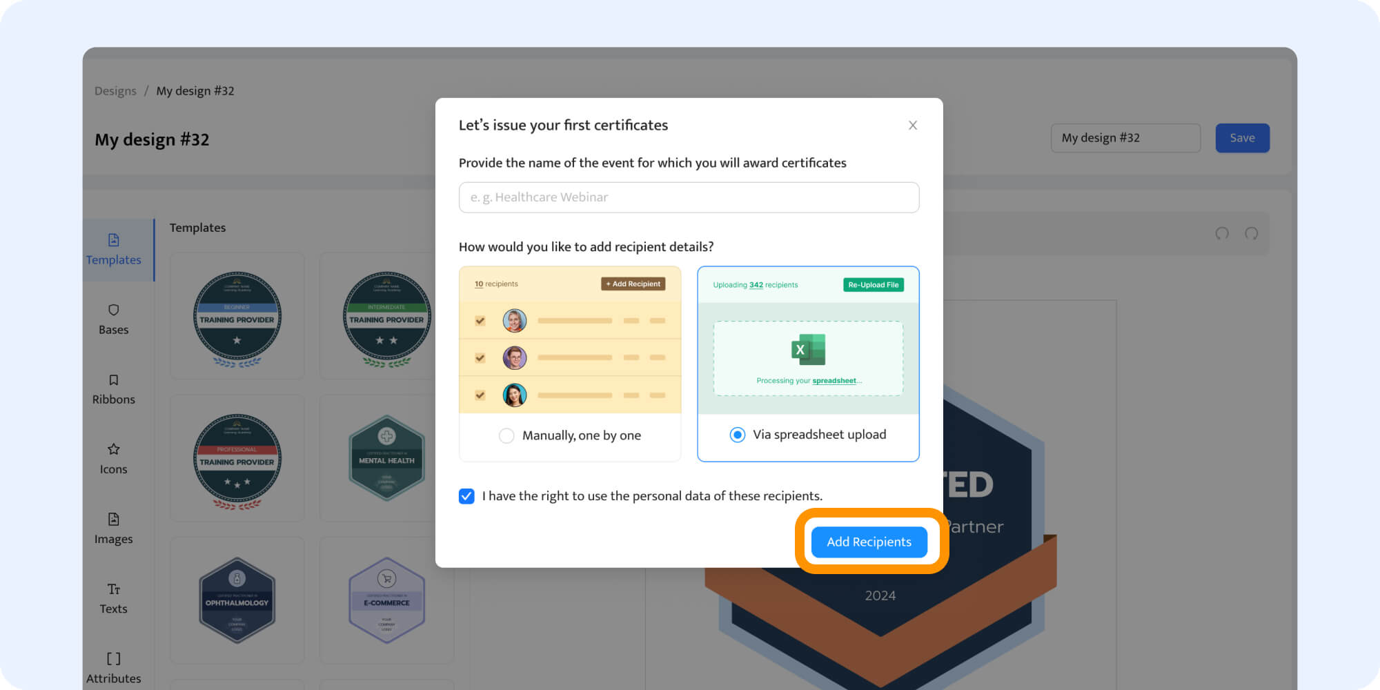 Uploading recipients' data to generate badges in bulk. Uploading recipients' data to generate badges in bulk.