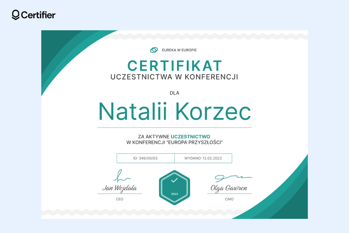 Wzór biznesowego certyfikatu uczestnictwa w konferencji. Wzór biznesowego certyfikatu uczestnictwa w konferencji.