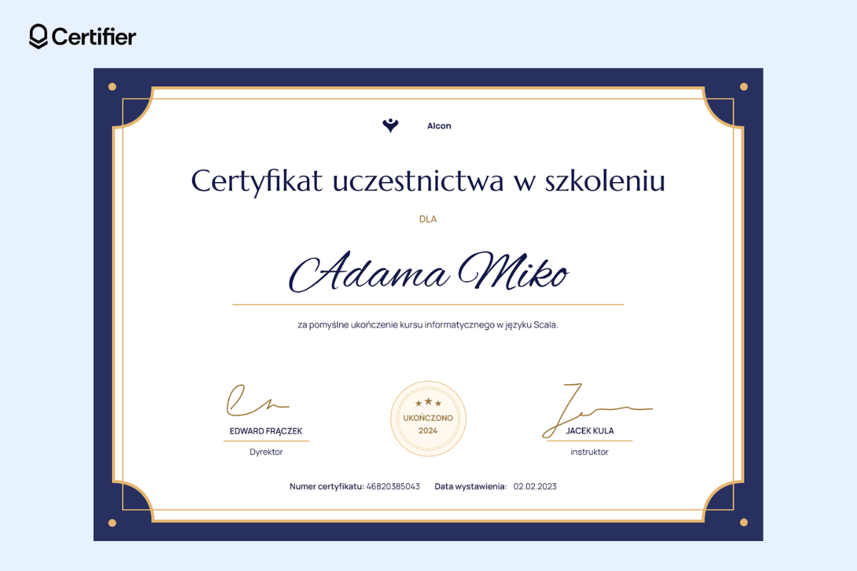 Projekt certyfikatu uczestnictwa w szkoleniu. Projekt certyfikatu uczestnictwa w szkoleniu.