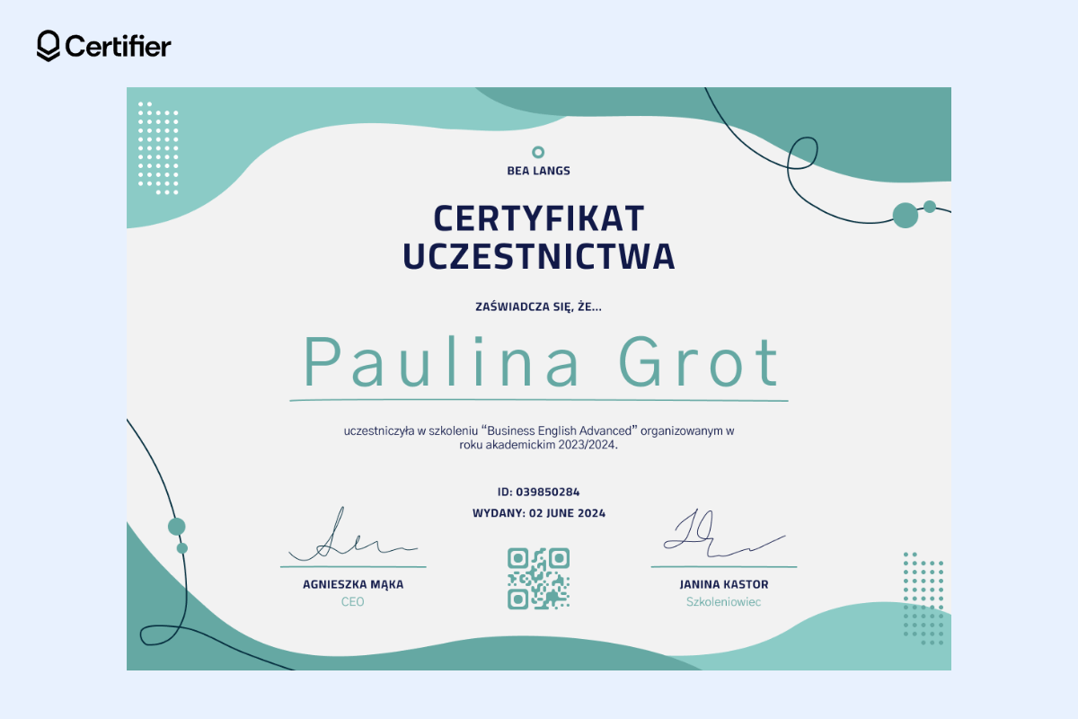 Certyfikat uczestnictwa w szkoleniu biznesowy. Certyfikat uczestnictwa w szkoleniu biznesowy.