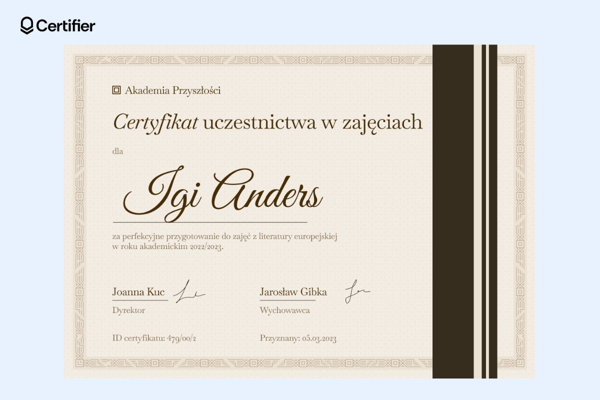 Profesjonalny brązowy certyfikat uczestnictwa w zajęciach. Profesjonalny brązowy certyfikat uczestnictwa w zajęciach.
