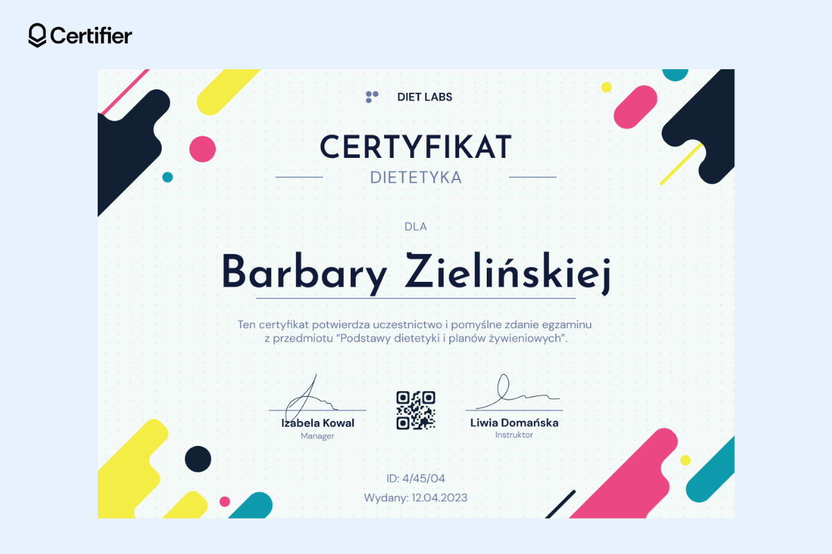 Kolorowy certyfikat uczestnictwa dla dietetyka. Kolorowy certyfikat uczestnictwa dla dietetyka.