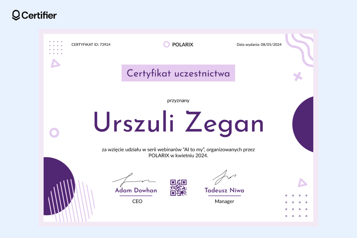 Certyfikat uczestnictwa z artystycznymi elementami. Certyfikat uczestnictwa z artystycznymi elementami.