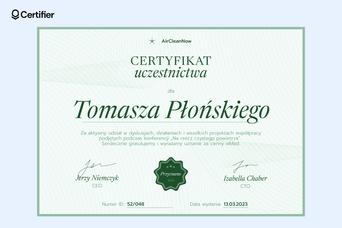 Jasnozielony certyfikat profesjonalnego uczestnictwa w konferencji. Jasnozielony certyfikat profesjonalnego uczestnictwa w konferencji.