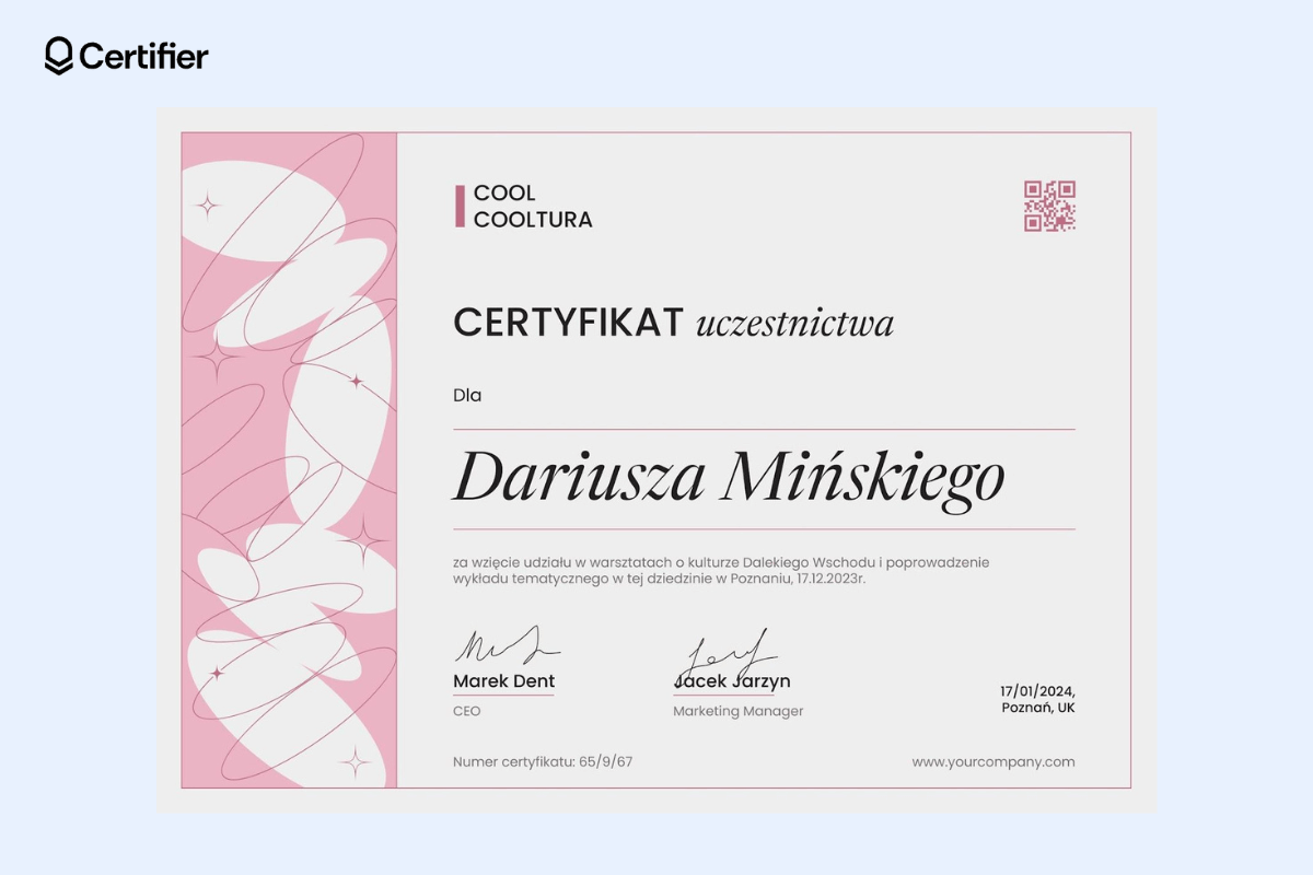 Projekt certyfikatu uczestnictwa w wydarzeniach kulturalnych. Projekt certyfikatu uczestnictwa w wydarzeniach kulturalnych.
