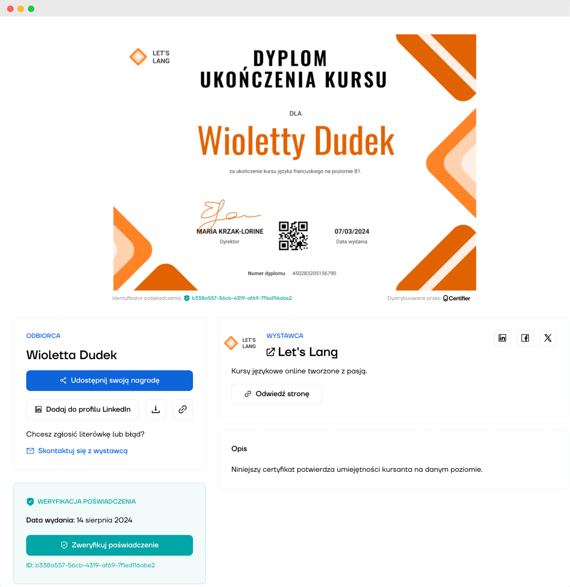 Portfel online z przykładowym certyfikatem. Portfel online z przykładowym certyfikatem.