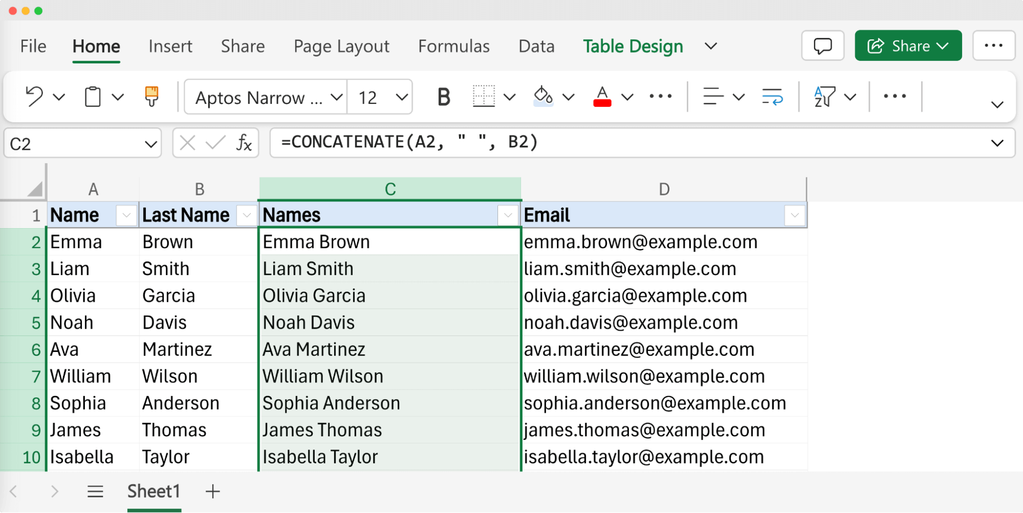 Excel sheet demonstrating how to combine first name and last name in Excel using the CONCATENATE function, with names in one column and corresponding email addresses generated in another column. Excel sheet demonstrating how to combine first name and last name in Excel using the CONCATENATE function, with names in one column and corresponding email addresses generated in another column.