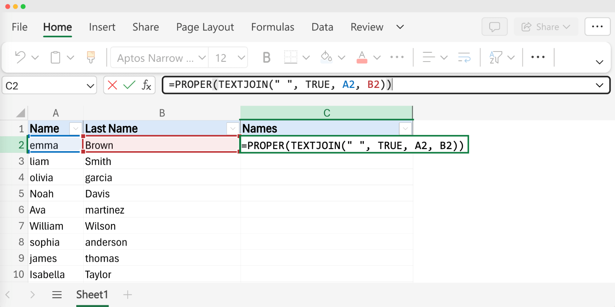 Screenshot showing how to merge first and last name in Excel using the Proper function, highlighting a dataset with the first name Screenshot showing how to merge first and last name in Excel using the Proper function, highlighting a dataset with the first name