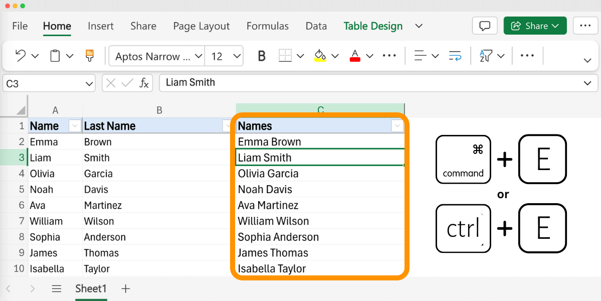 Example of an Excel table where the names are combined and selected in a drop-down list, showing how to add first name and last name in Excel with Flash Fill, with keyboard shortcuts for Flash Fill. Example of an Excel table where the names are combined and selected in a drop-down list, showing how to add first name and last name in Excel with Flash Fill, with keyboard shortcuts for Flash Fill.
