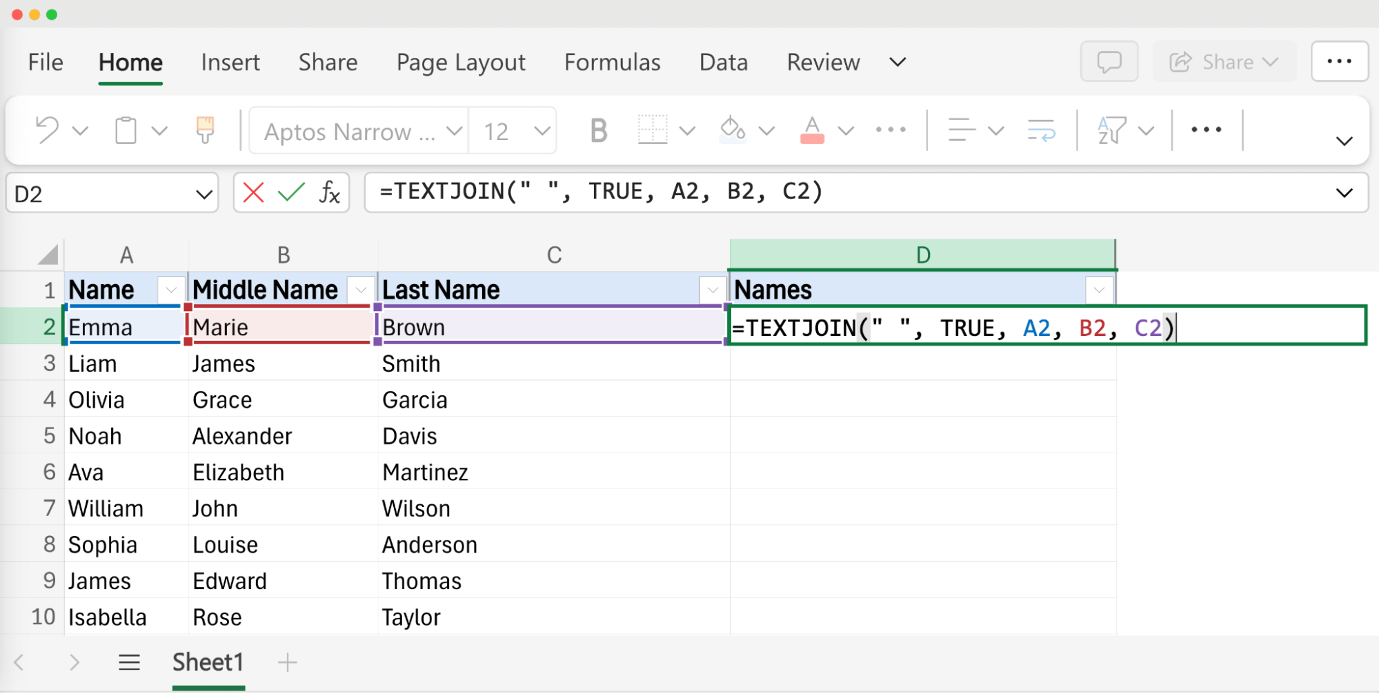 Excel formula using TEXTJOIN to combine names from columns with leading or trailing spaces into a full name, showing an intermediate step where only the first name and last name are merged. Excel formula using TEXTJOIN to combine names from columns with leading or trailing spaces into a full name, showing an intermediate step where only the first name and last name are merged.