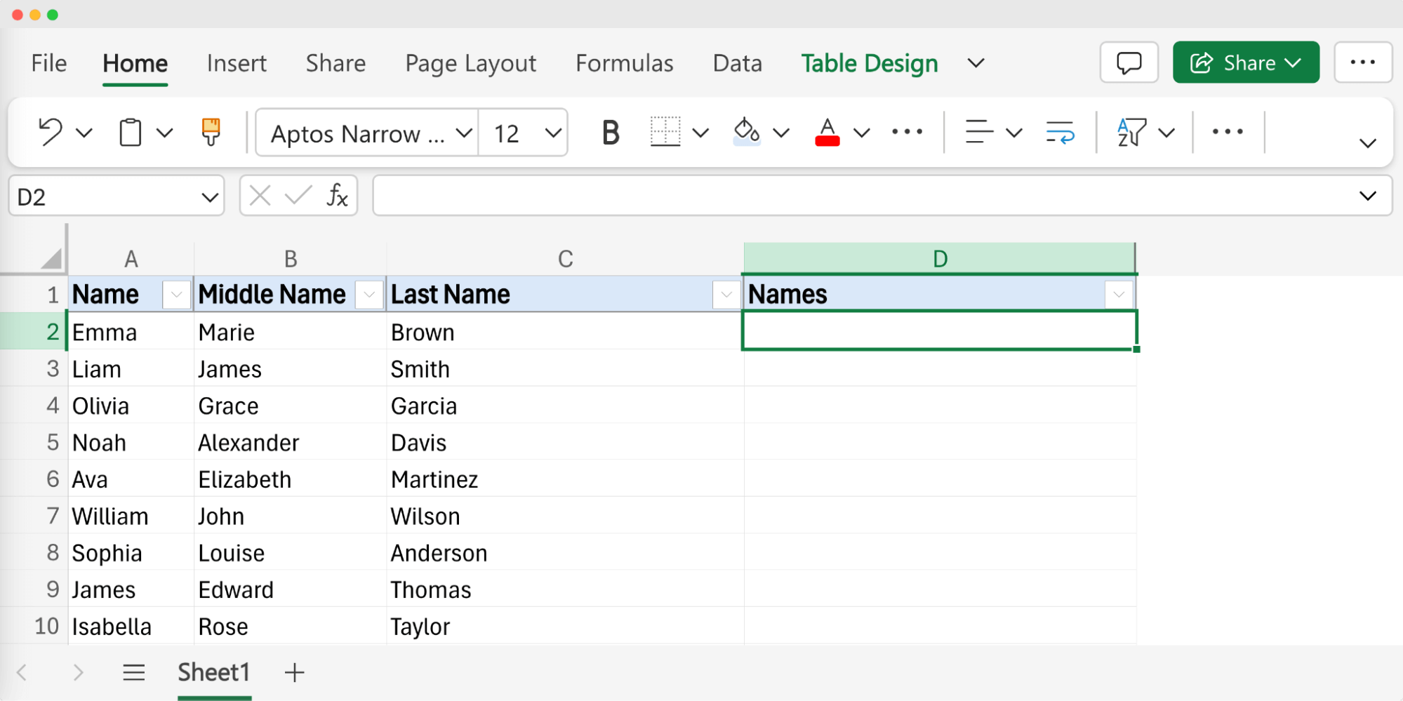 The Excel spreadsheet with the example of how to combine first name middle name and last name in Excel (using formula). The Excel spreadsheet with the example of how to combine first name middle name and last name in Excel (using formula).