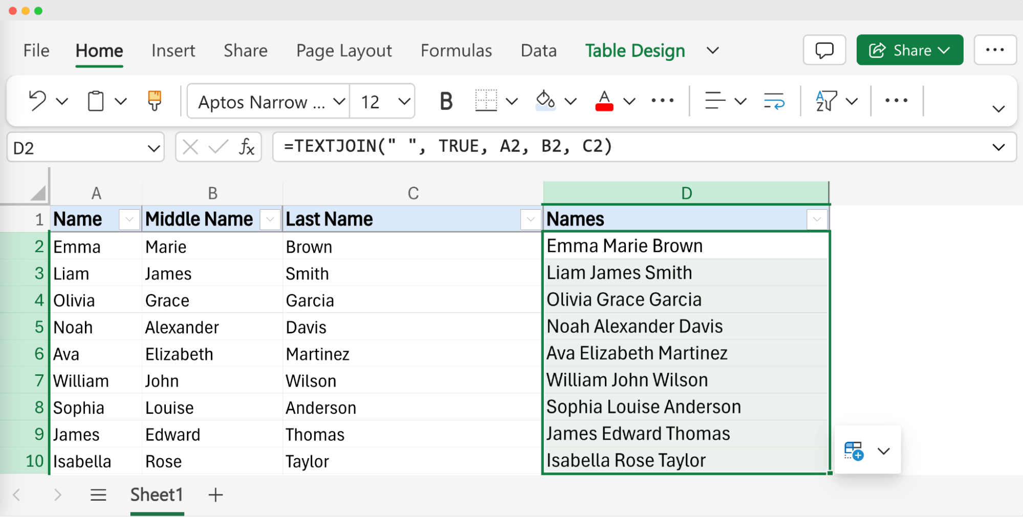 Final Excel output showing full names combined from a dataset that includes first names, middle names, and last names, demonstrating the handling of trailing spaces and ensuring the first letter of each name is capitalized. Final Excel output showing full names combined from a dataset that includes first names, middle names, and last names, demonstrating the handling of trailing spaces and ensuring the first letter of each name is capitalized.