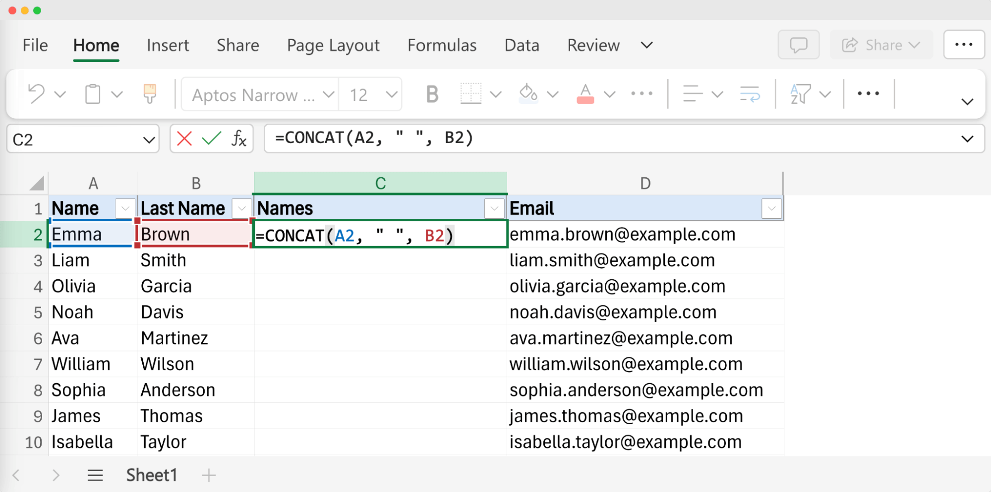 Example showing how to merge first name and last name in Excel using the CONCAT function, with a formula displayed in the Names column. Example showing how to merge first name and last name in Excel using the CONCAT function, with a formula displayed in the Names column.