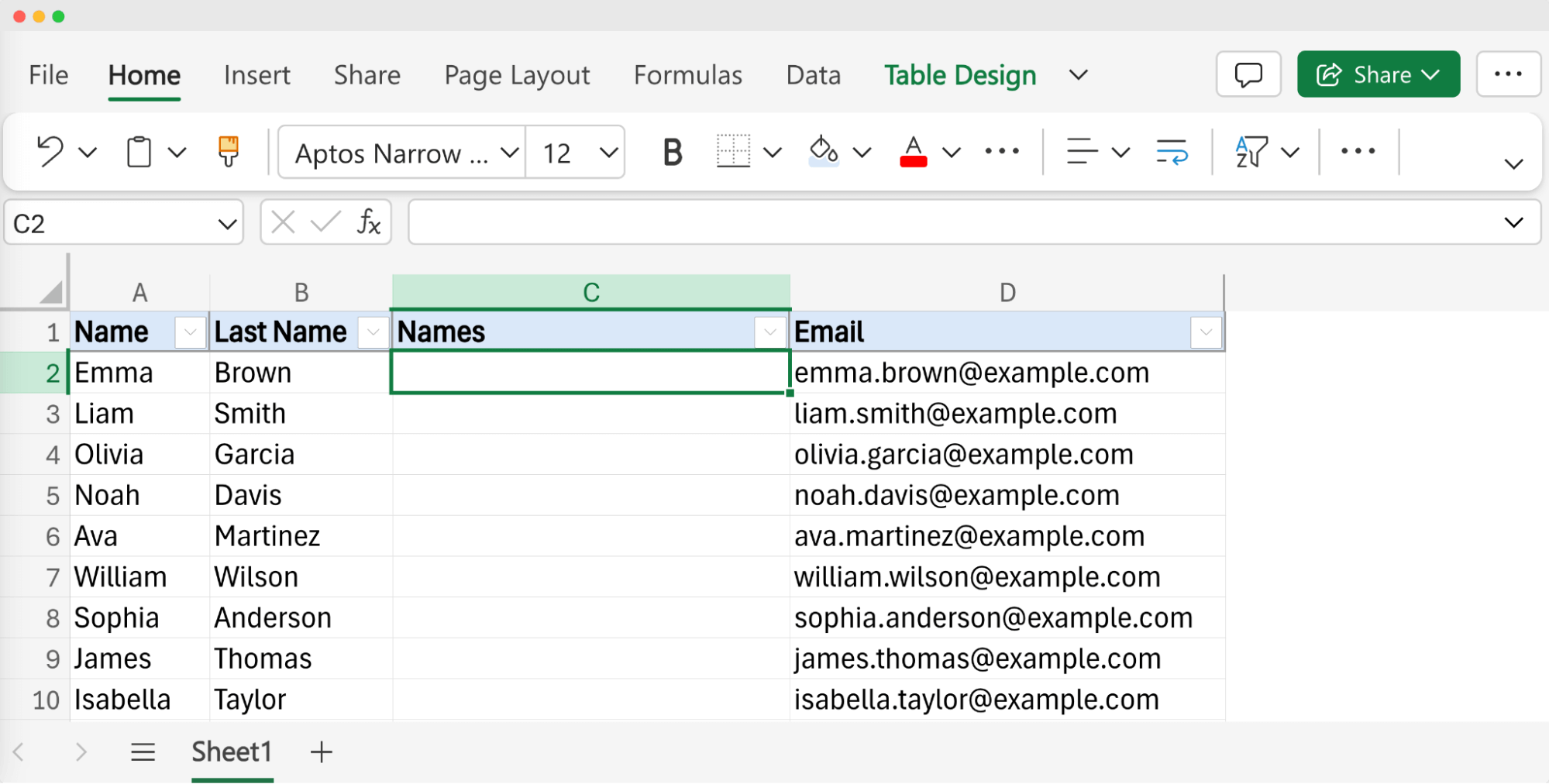 An Excel table showing how to prepare the spreadsheet to combine first name and last name in Excel. An Excel table showing how to prepare the spreadsheet to combine first name and last name in Excel.