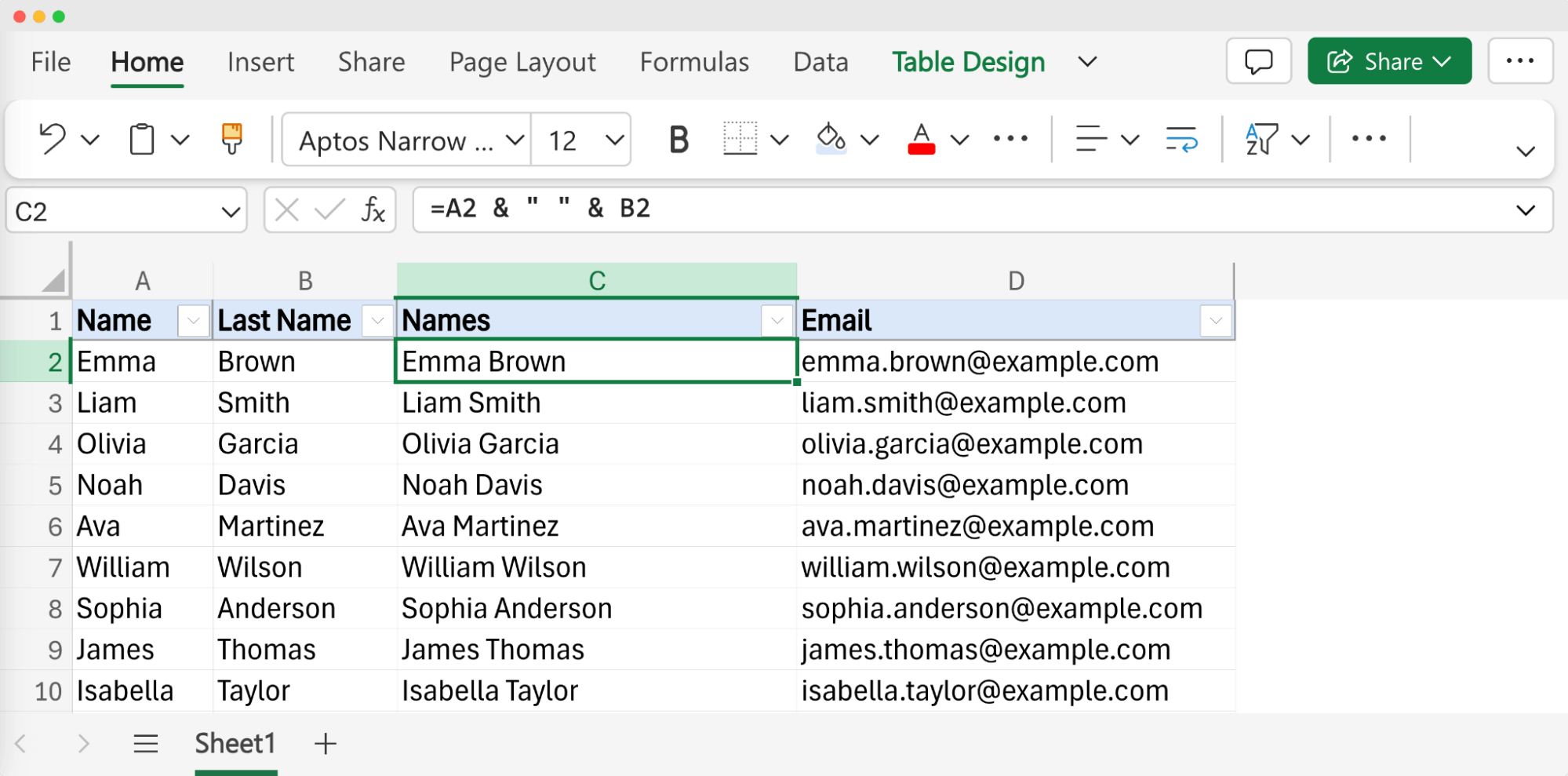 Screenshot showing how to add first name and last name in Excel by using a simple concatenation formula, with the combined names displayed in the Names column. Screenshot showing how to add first name and last name in Excel by using a simple concatenation formula, with the combined names displayed in the Names column.