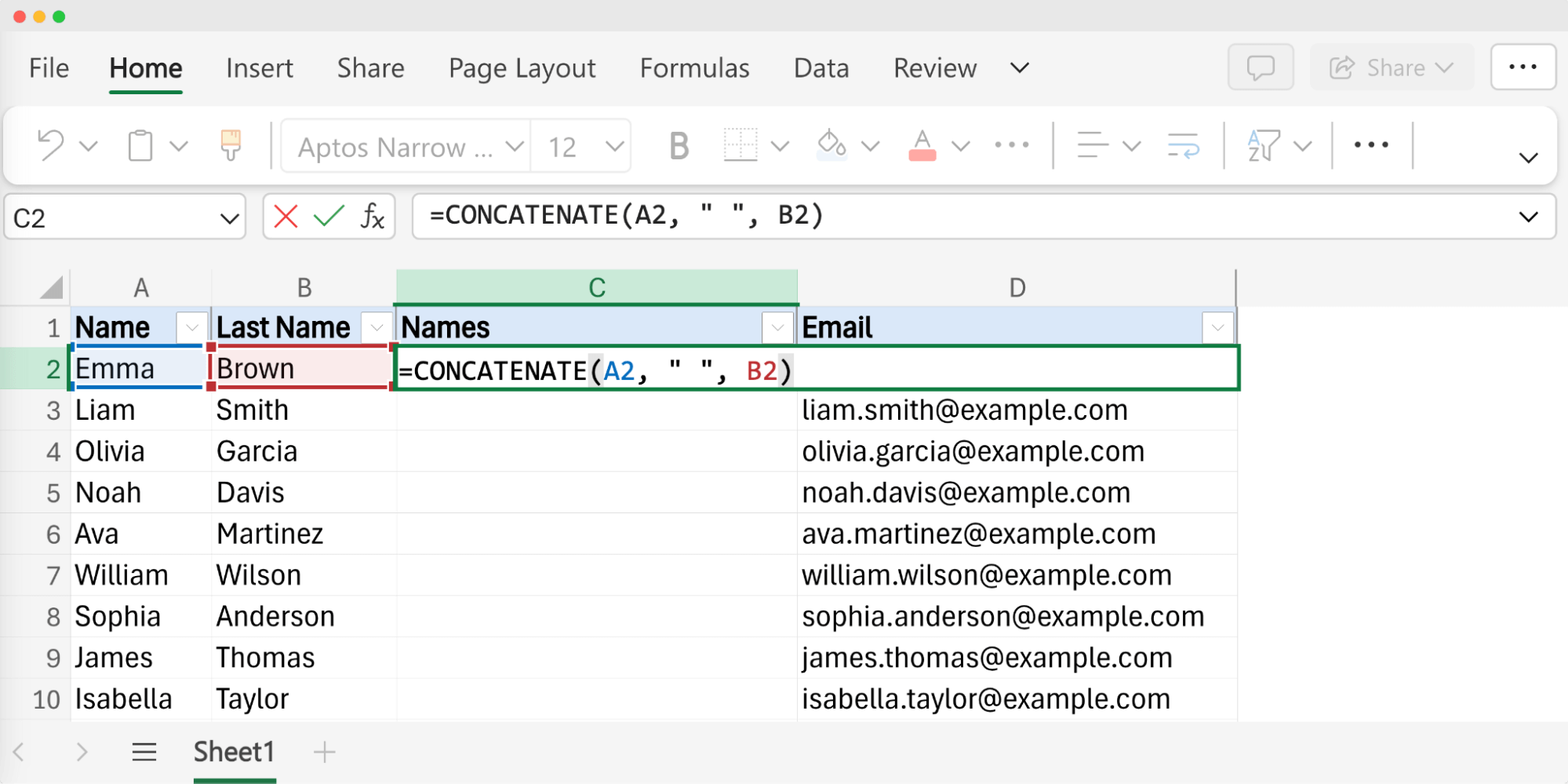Screenshot demonstrating how to merge first and last name in Excel using the CONCATENATE function, with the formula applied and results shown in the Names column. Screenshot demonstrating how to merge first and last name in Excel using the CONCATENATE function, with the formula applied and results shown in the Names column.