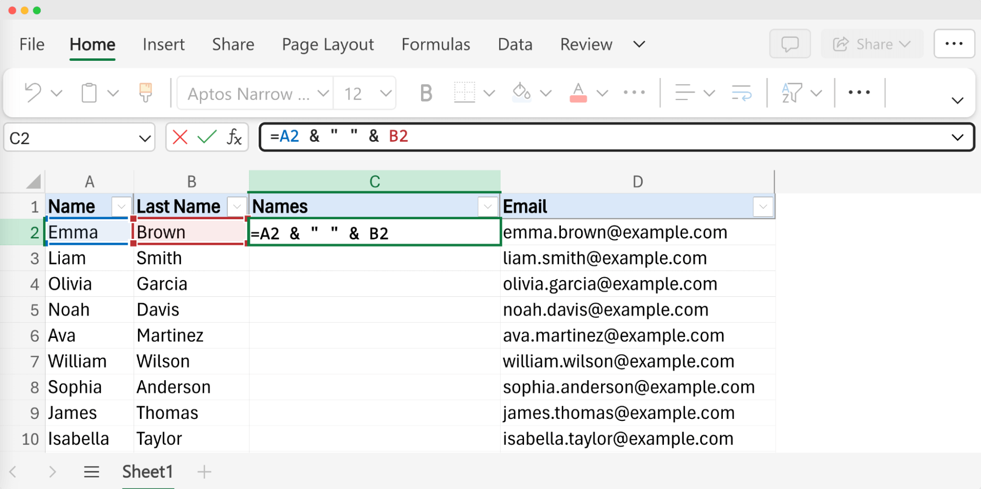 Excel sheet with a formula showing how to combine first, middle, and last name in Excel, highlighting the formula used in the Names column. Excel sheet with a formula showing how to combine first, middle, and last name in Excel, highlighting the formula used in the Names column.