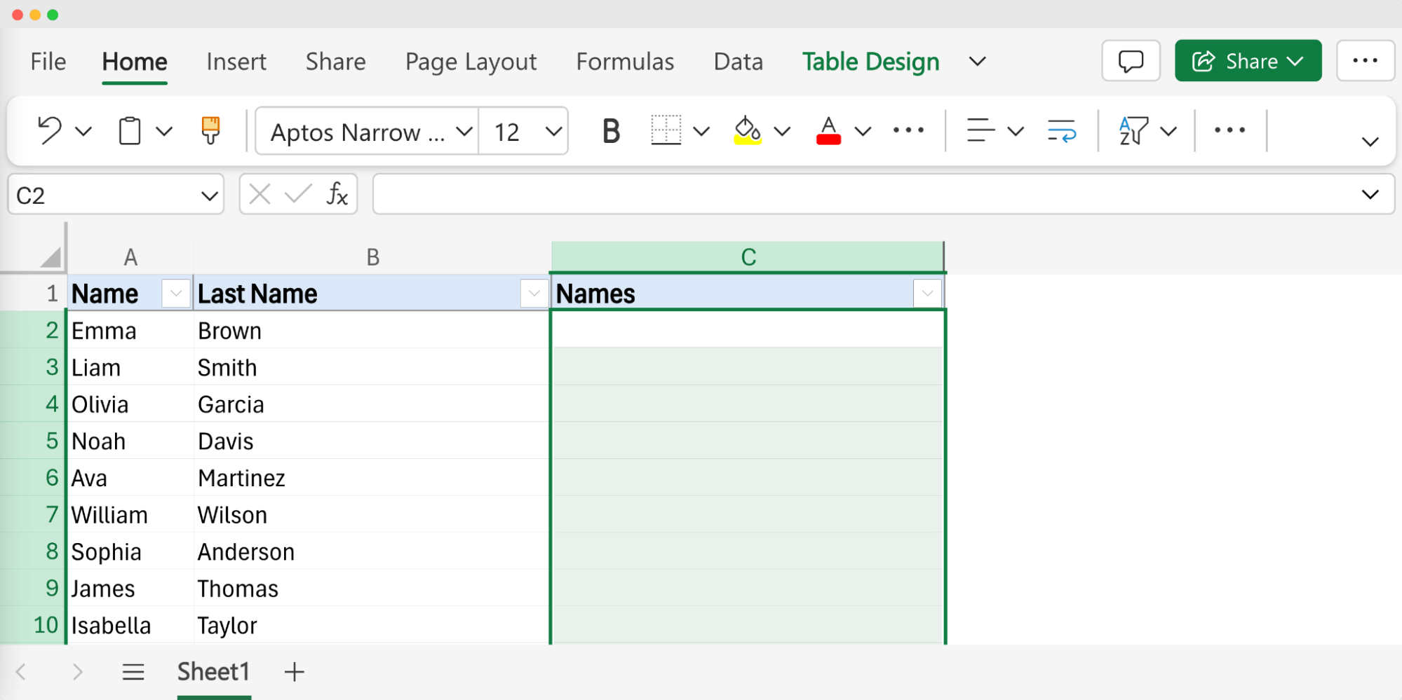 An Excel table showing how to prepare the spreadsheet to combine first name and last name in Excel. An Excel table showing how to prepare the spreadsheet to combine first name and last name in Excel.