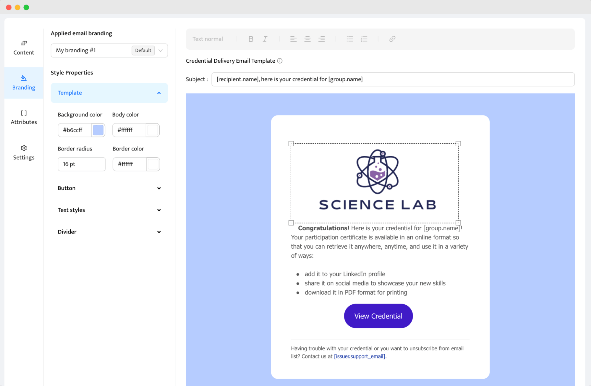 An email template editor of Certifier that showcases the congratulatory email. An email template editor of Certifier that showcases the congratulatory email.