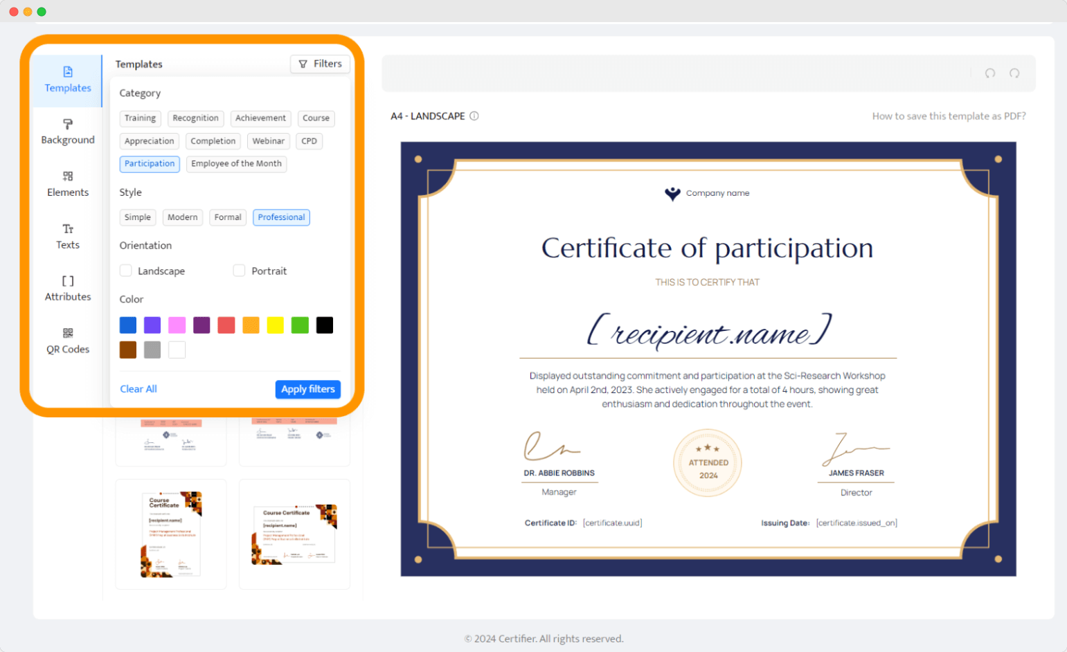 Certifier interface displaying a template customization page for creating a certificate of participation online, showcasing various styles and formats. Certifier interface displaying a template customization page for creating a certificate of participation online, showcasing various styles and formats.
