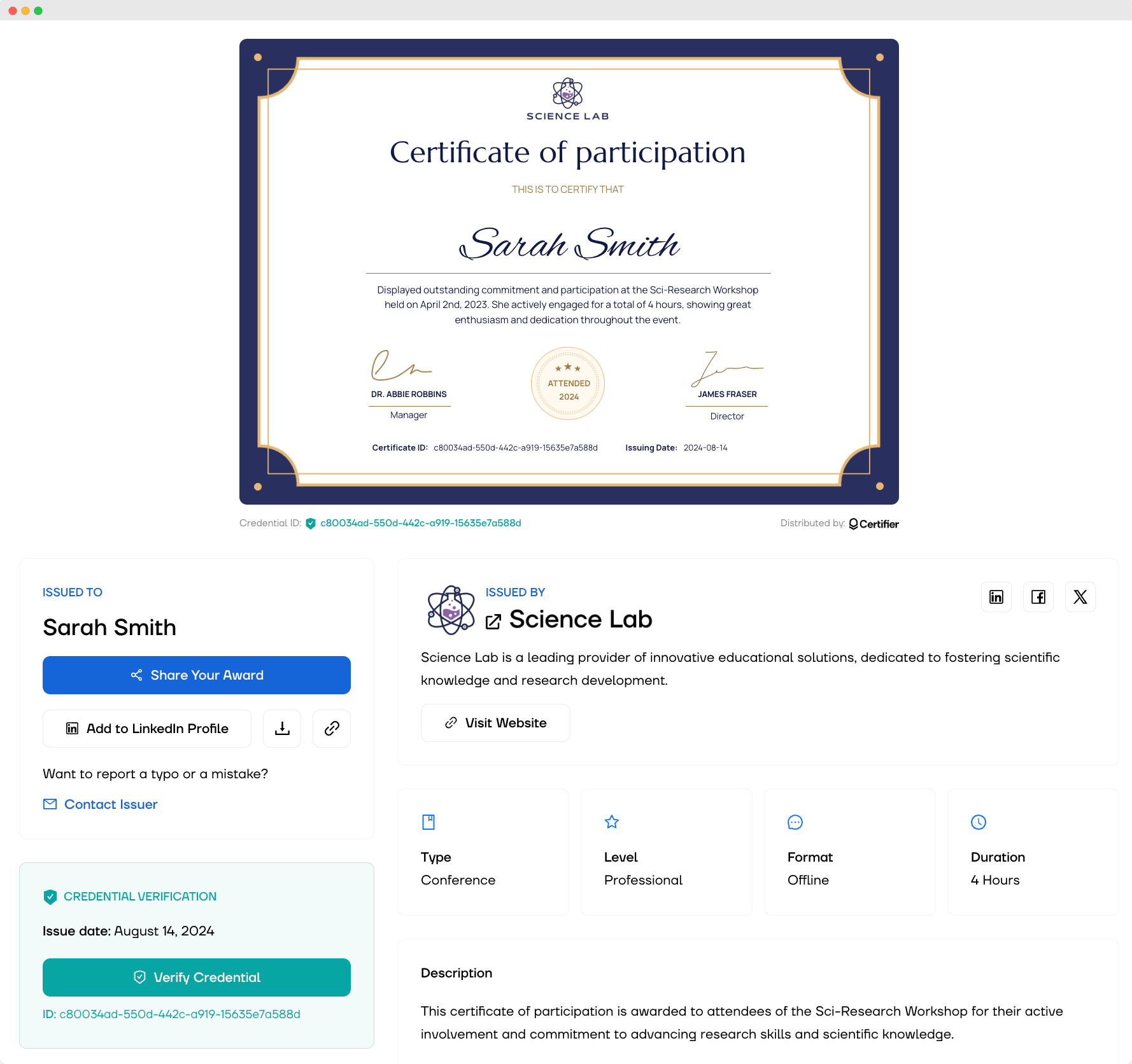 A view from a recipient’s perspective of a digital wallet with a certificate of participation. This showcases the format of certificate of participation, the certificate of participation text, and event details. A view from a recipient’s perspective of a digital wallet with a certificate of participation. This showcases the format of certificate of participation, the certificate of participation text, and event details.