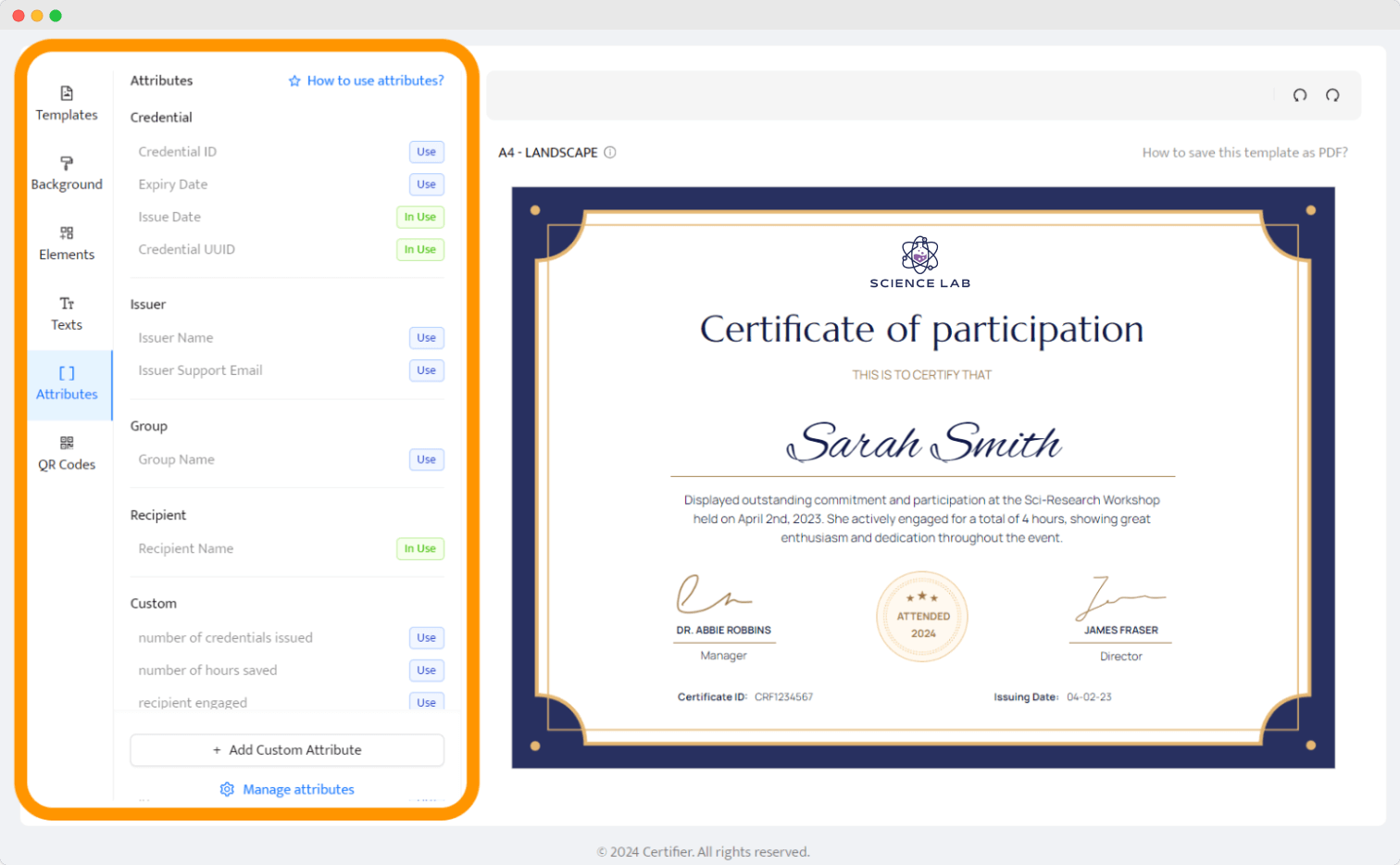 Certifier interface focused on adding attributes to a certificate of participation. The certificate preview shows detailed fields like issuer name, group name, and participant details. Certifier interface focused on adding attributes to a certificate of participation. The certificate preview shows detailed fields like issuer name, group name, and participant details.