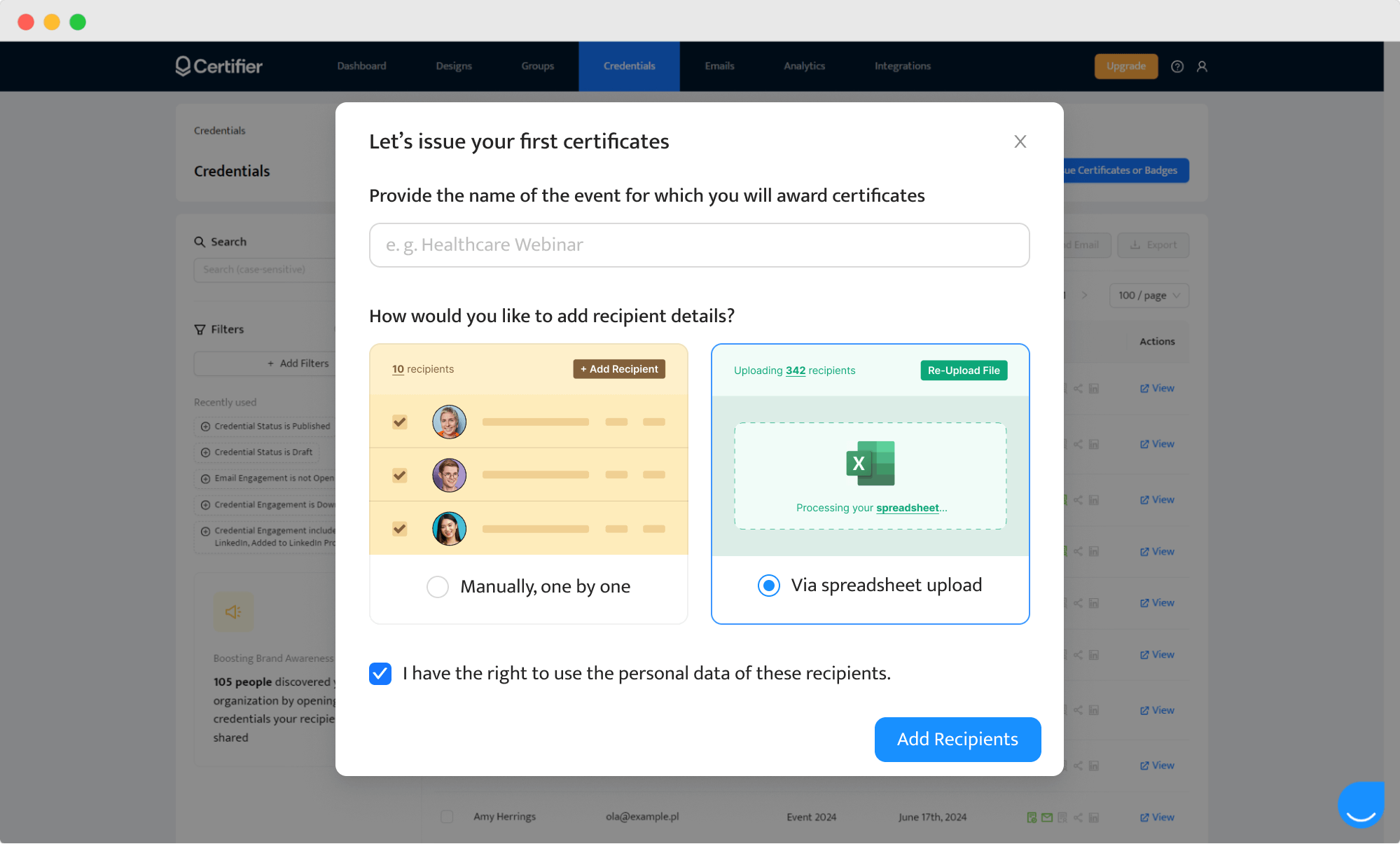 Certifier interface showing the process of selecting recipients for issuing a certificate of participation. Certifier interface showing the process of selecting recipients for issuing a certificate of participation.