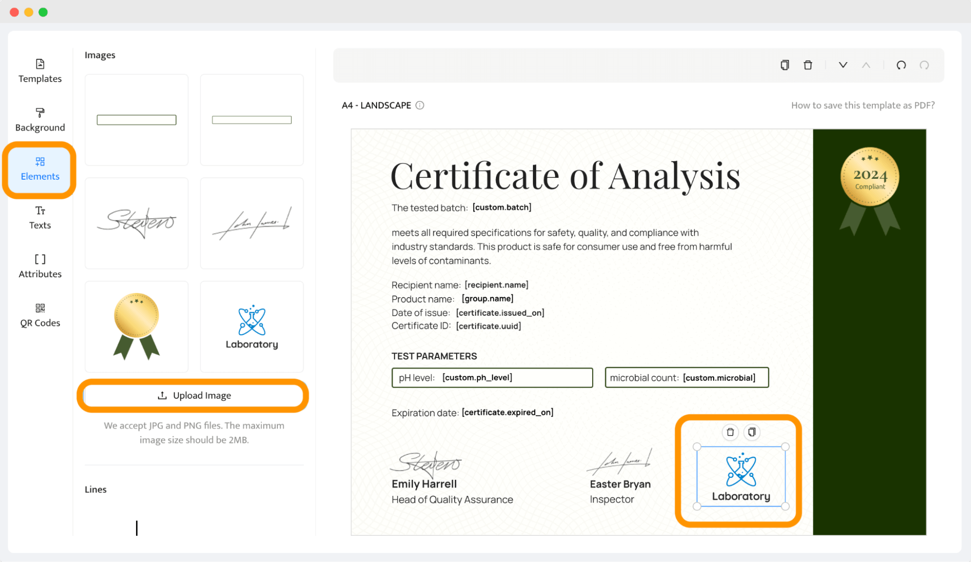 Interface for creating a Certificate of Analysis, showing customizable product specifications. Interface for creating a Certificate of Analysis, showing customizable product specifications.