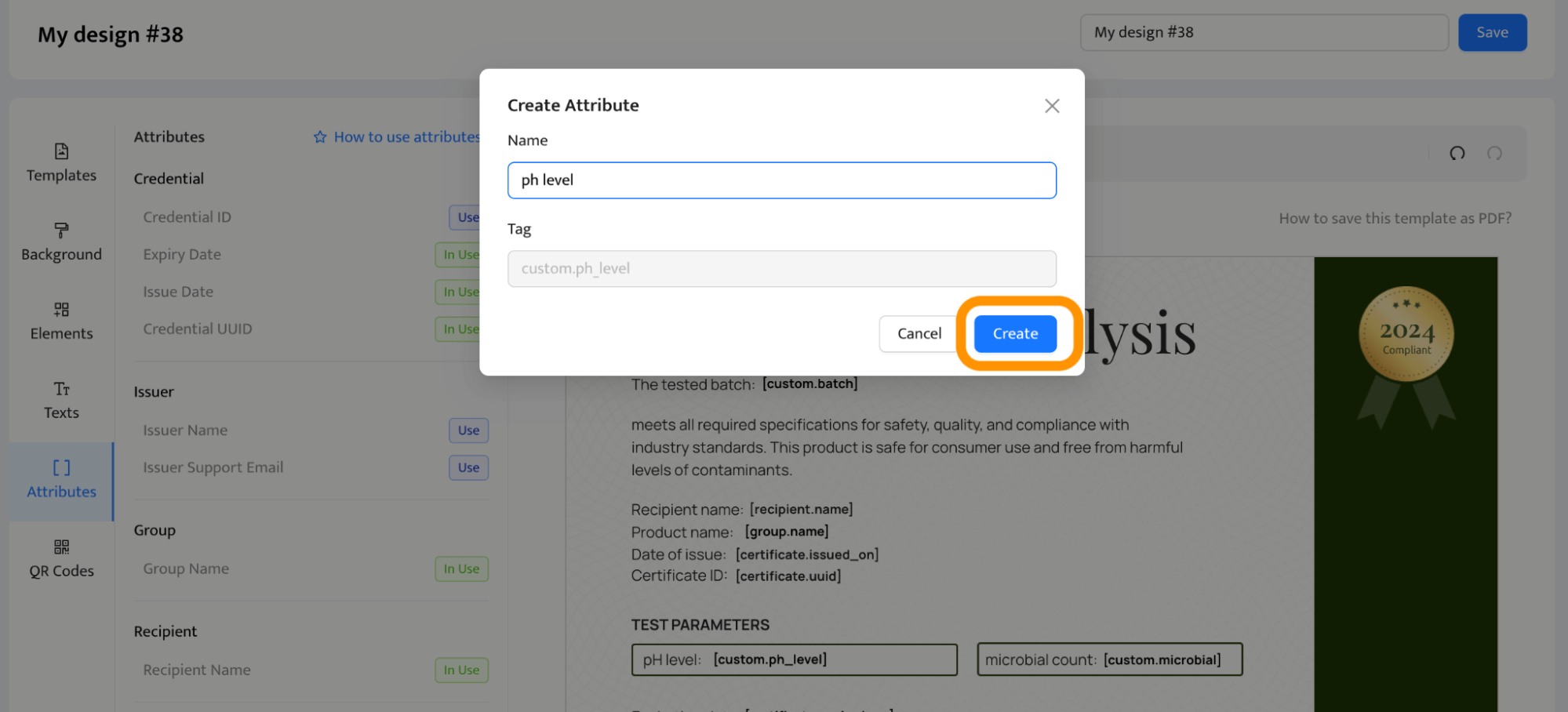 Interface for creating a custom attribute within a Certificate of Analysis. Interface for creating a custom attribute within a Certificate of Analysis.