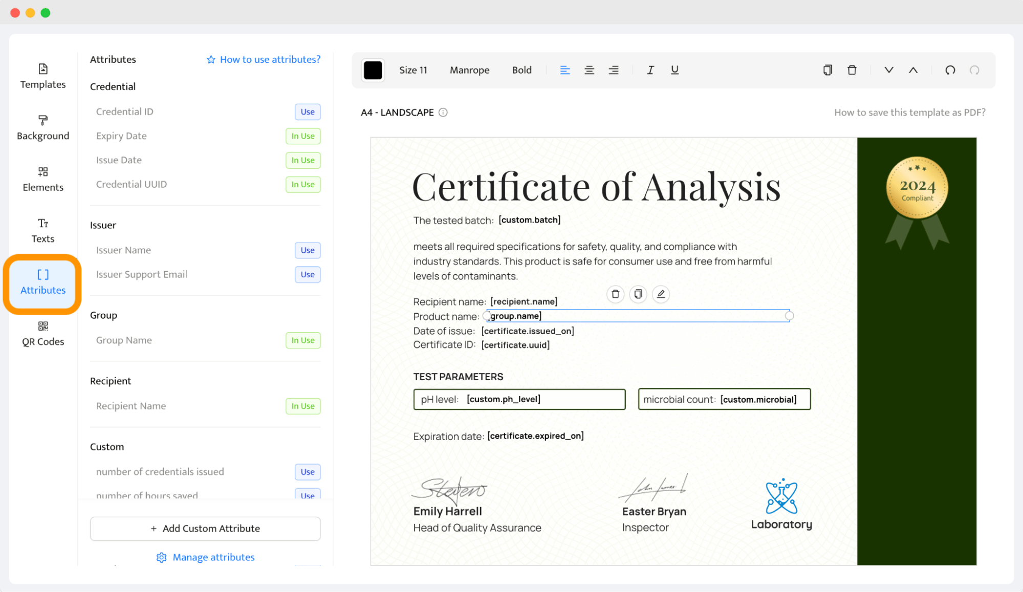 Attributes section for inputting product specifications in a Certificate of Analysis. Attributes section for inputting product specifications in a Certificate of Analysis.