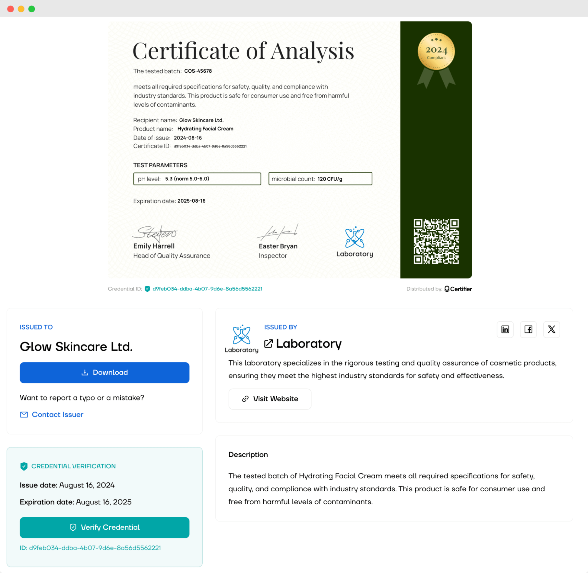 Completed Certificate of Analysis for Glow Skincare Ltd. within the digital wallet with verification, description and downloading option. Completed Certificate of Analysis for Glow Skincare Ltd. within the digital wallet with verification, description and downloading option.