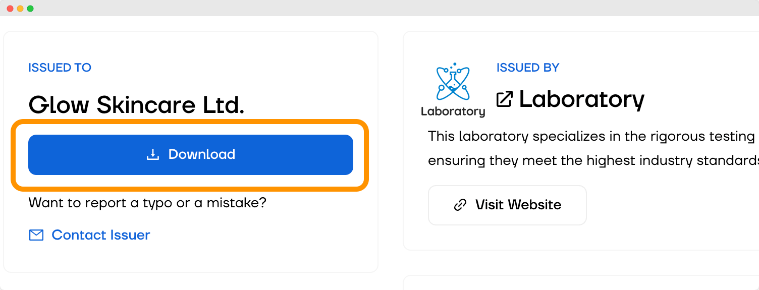 A downloadable certificate interface within the Certifier digital wallet, essential for product certification. A downloadable certificate interface within the Certifier digital wallet, essential for product certification.