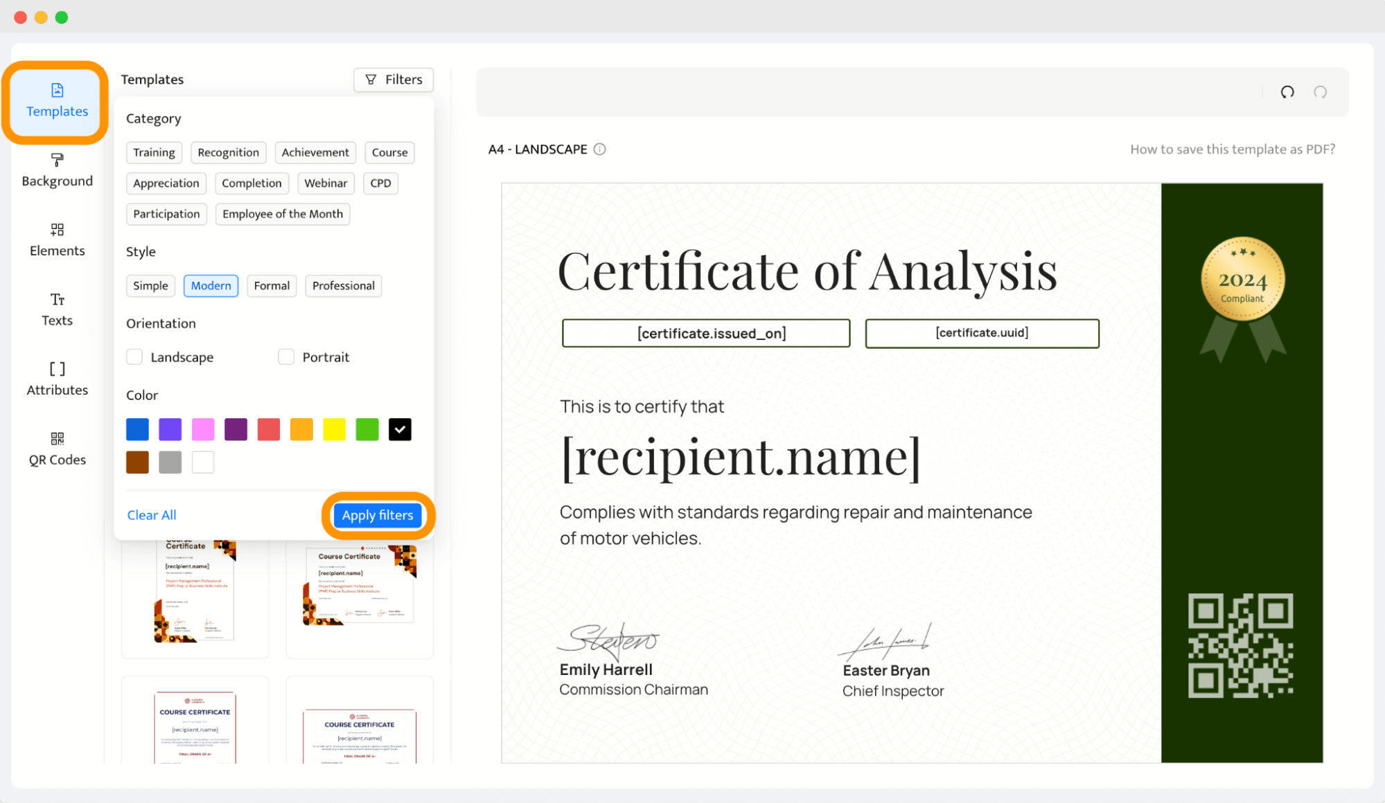 Adjusting certificate of analysis format using filters in the Certifier dashboard. Adjusting certificate of analysis format using filters in the Certifier dashboard.