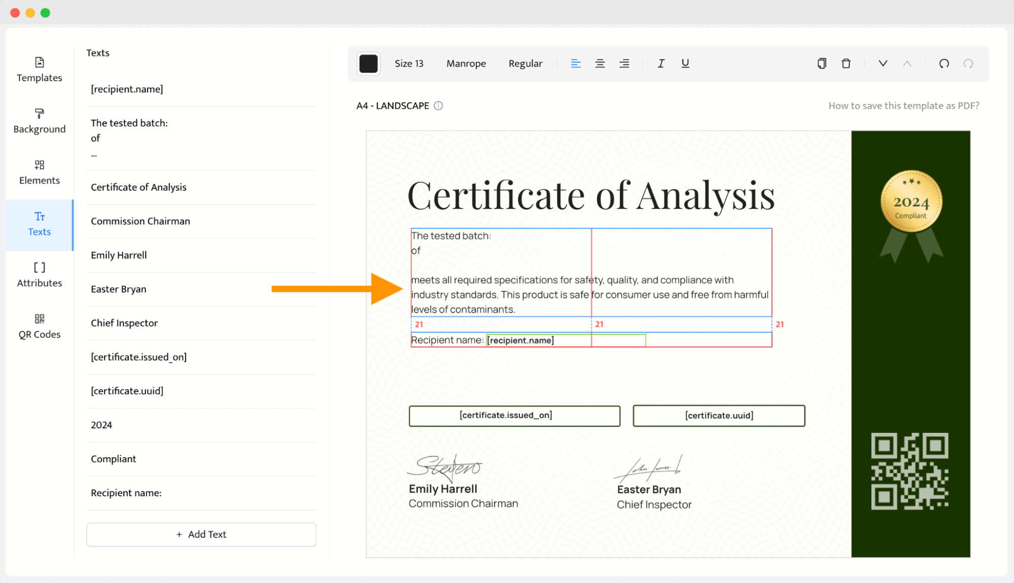 Text editing section of a Certificate of Analysis, used to ensure a clear description of all the tests conducted. Text editing section of a Certificate of Analysis, used to ensure a clear description of all the tests conducted.