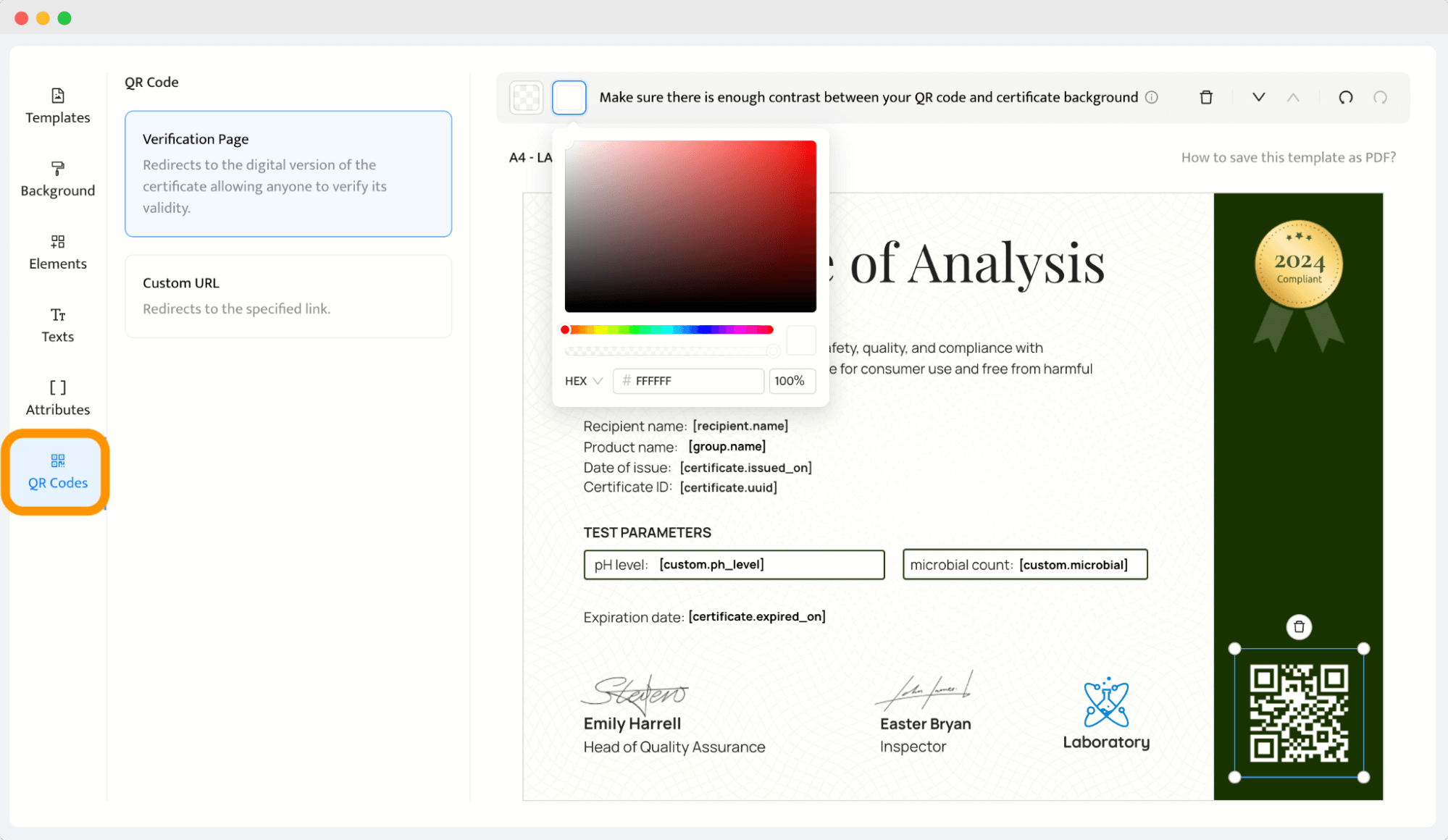 QR code settings for a Certificate of Analysis, enabling verification of the essential document's validity. QR code settings for a Certificate of Analysis, enabling verification of the essential document's validity.