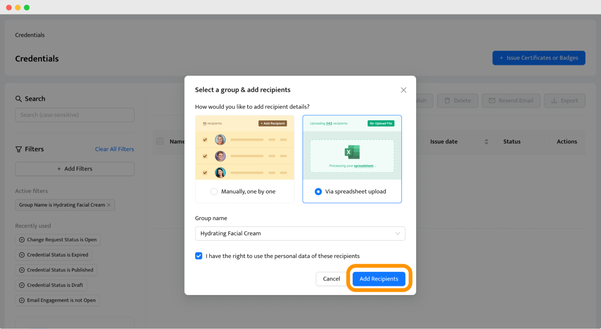 Dialog box for adding recipients to a Certificate of Analysis for export. Dialog box for adding recipients to a Certificate of Analysis for export.
