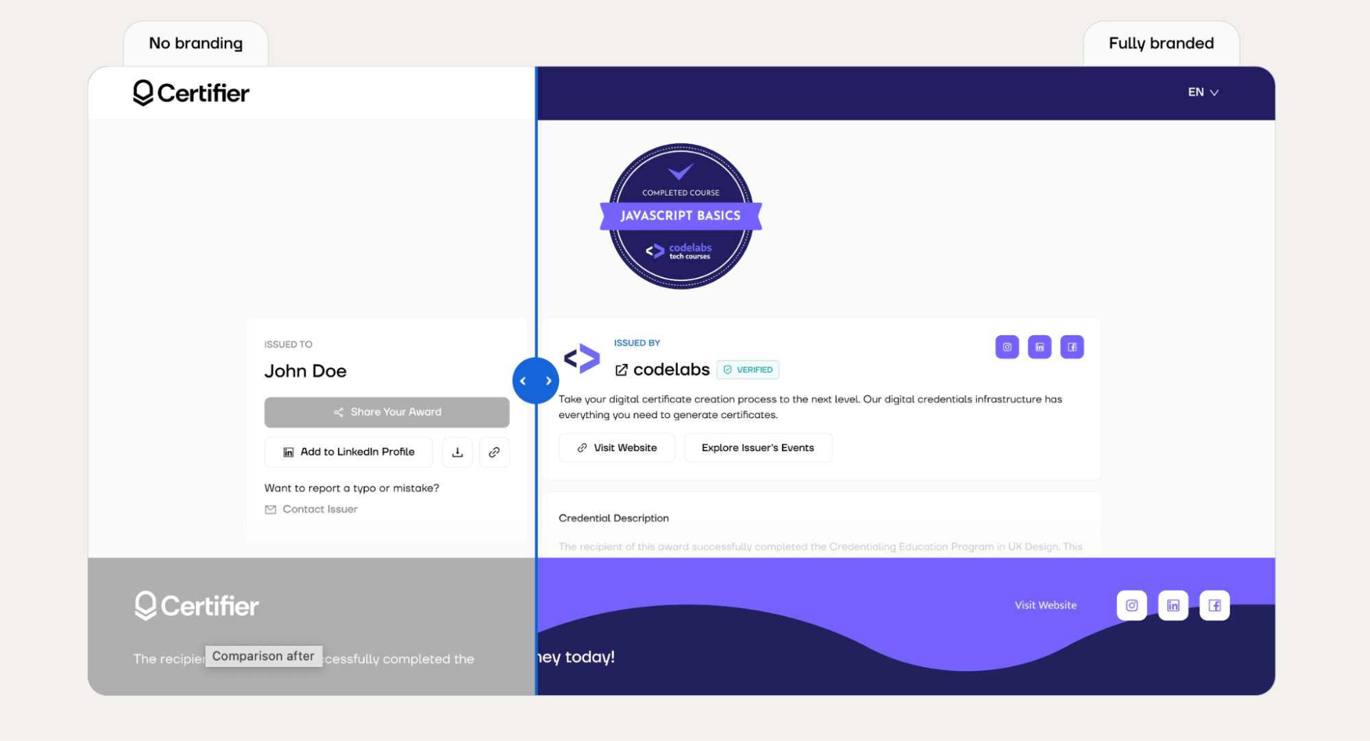 A comparison of digital wallet interface with and without branding, illustrating digital badges in higher education. A comparison of digital wallet interface with and without branding, illustrating digital badges in higher education.