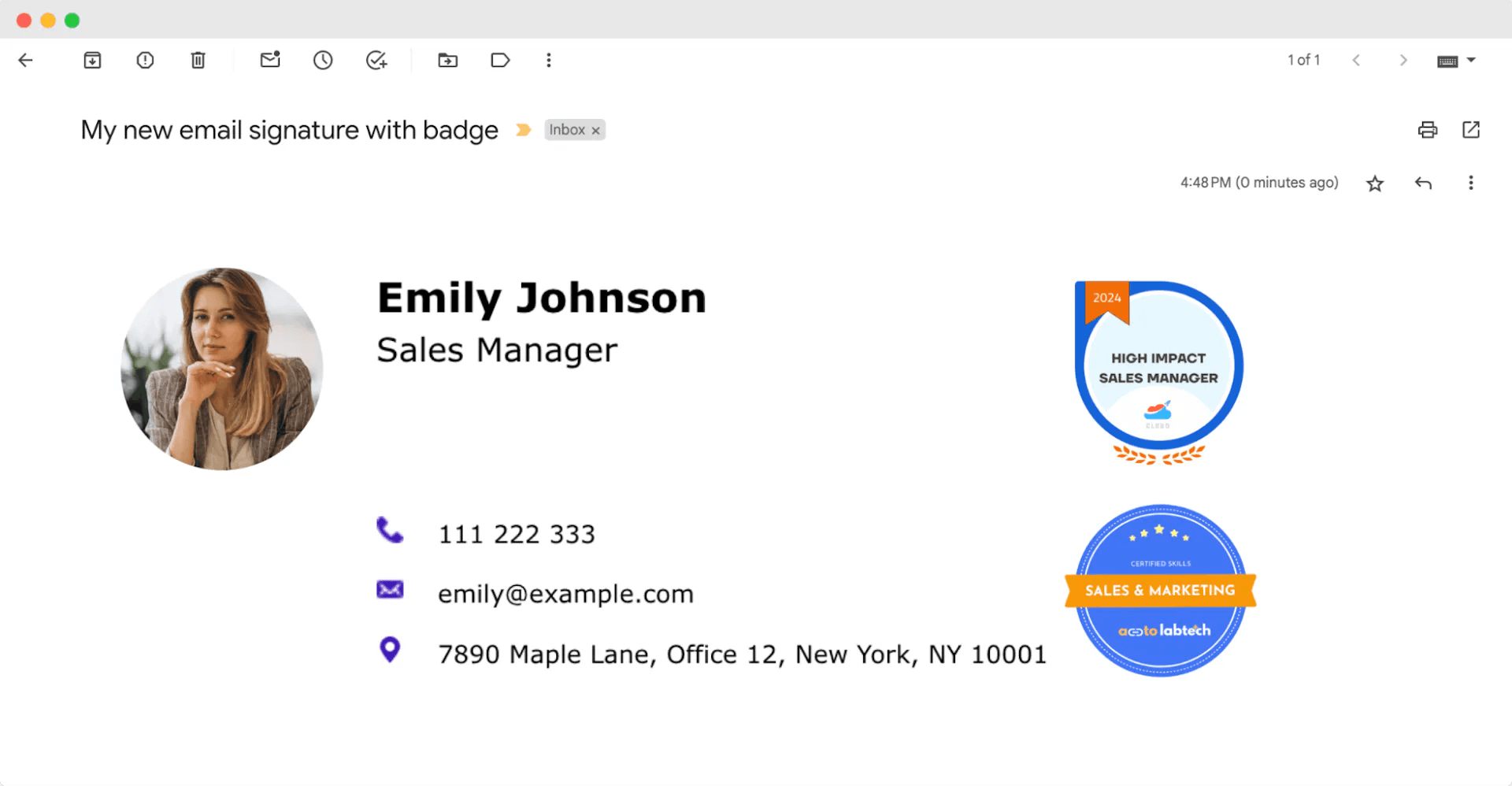 Email signature for a sales manager featuring digital badges, using digital badges for recognition of skills and achievement. Email signature for a sales manager featuring digital badges, using digital badges for recognition of skills and achievement.
