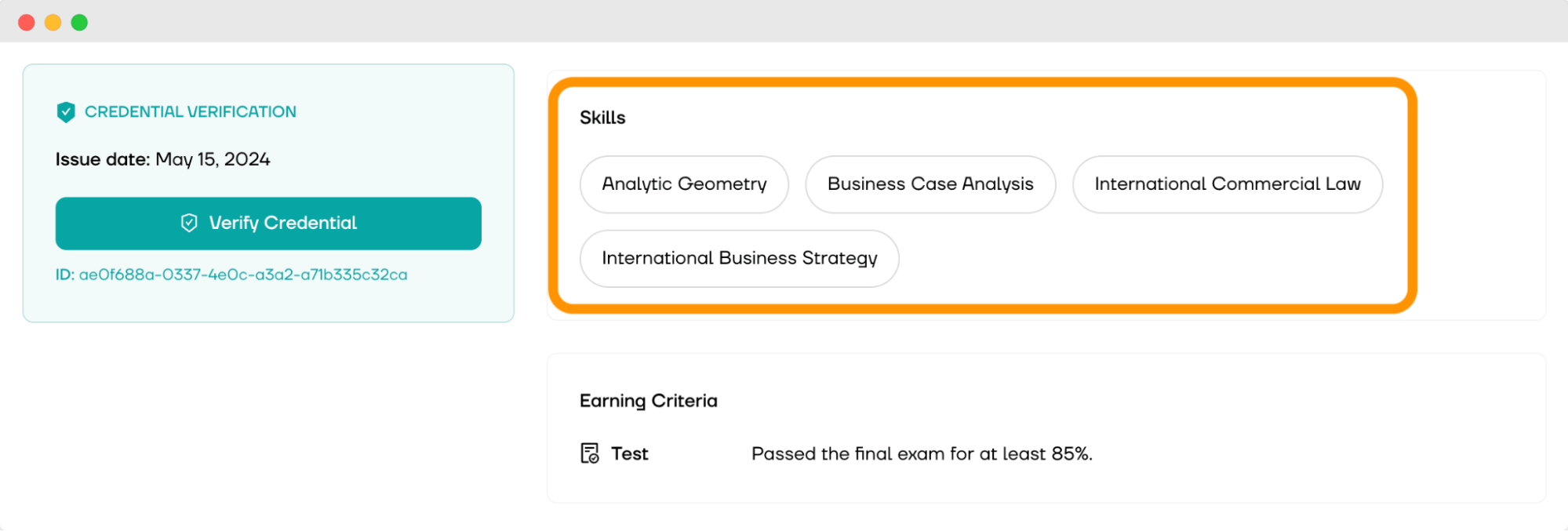 Credential verification screen displaying skill tags such as Analytic Geometry and International Business Strategy, linked to badge system for students. Credential verification screen displaying skill tags such as Analytic Geometry and International Business Strategy, linked to badge system for students.
