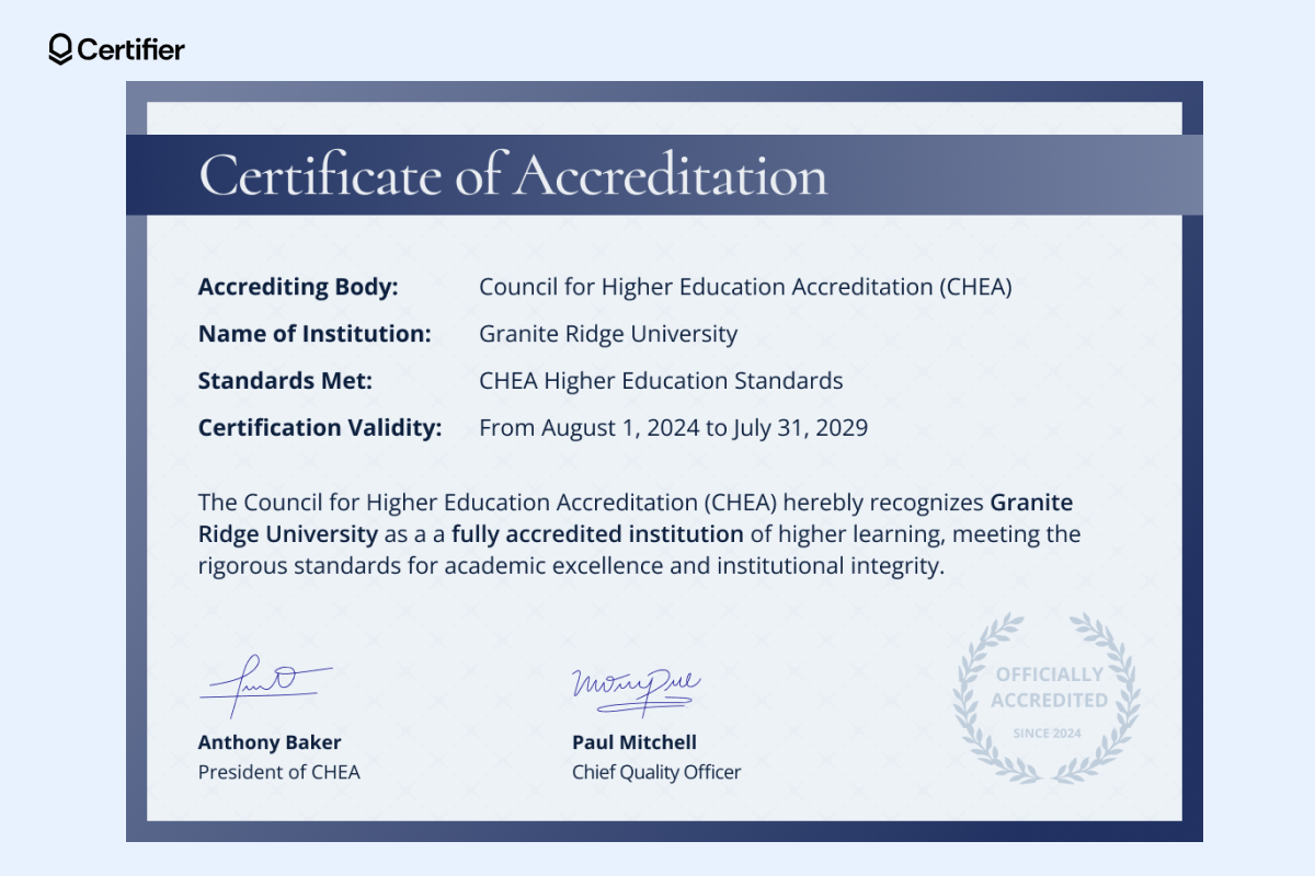 Elegant certificate of accreditation with a formal design, issued by a higher education accreditation body. Elegant certificate of accreditation with a formal design, issued by a higher education accreditation body.