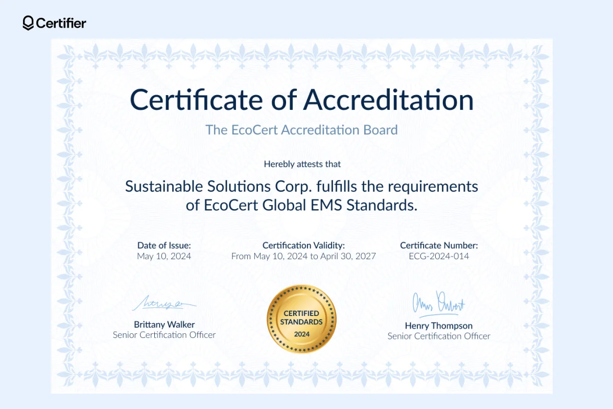 Certificate of accreditation template for a company that includes a certification number, a gold badge labeled 'Certified Standards 2024' and is signed by senior certification officers. Certificate of accreditation template for a company that includes a certification number, a gold badge labeled 'Certified Standards 2024' and is signed by senior certification officers.