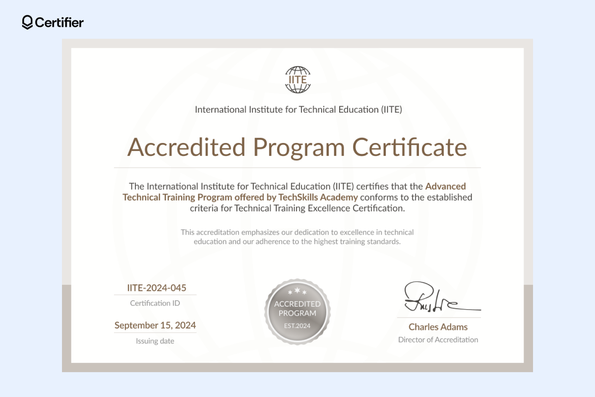 Accredited program certificate with a professional certificate design, featuring a certification ID, issuing date, and an official signature. Accredited program certificate with a professional certificate design, featuring a certification ID, issuing date, and an official signature.