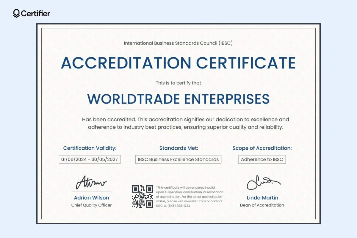 One of the professional certificate templates recognizing a company’s adherence to business excellence standards; this accreditation certificate example in blue and beige is ideal for educational or corporate settings. One of the professional certificate templates recognizing a company’s adherence to business excellence standards; this accreditation certificate example in blue and beige is ideal for educational or corporate settings.