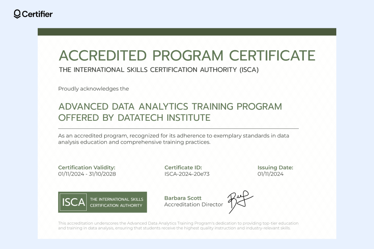 Accredited program certificate presented in a formal and professional form, recognizing a training course for its exemplary standards in data analysis education, including certification validity dates, a unique certificate ID, and an official signature. Accredited program certificate presented in a formal and professional form, recognizing a training course for its exemplary standards in data analysis education, including certification validity dates, a unique certificate ID, and an official signature.